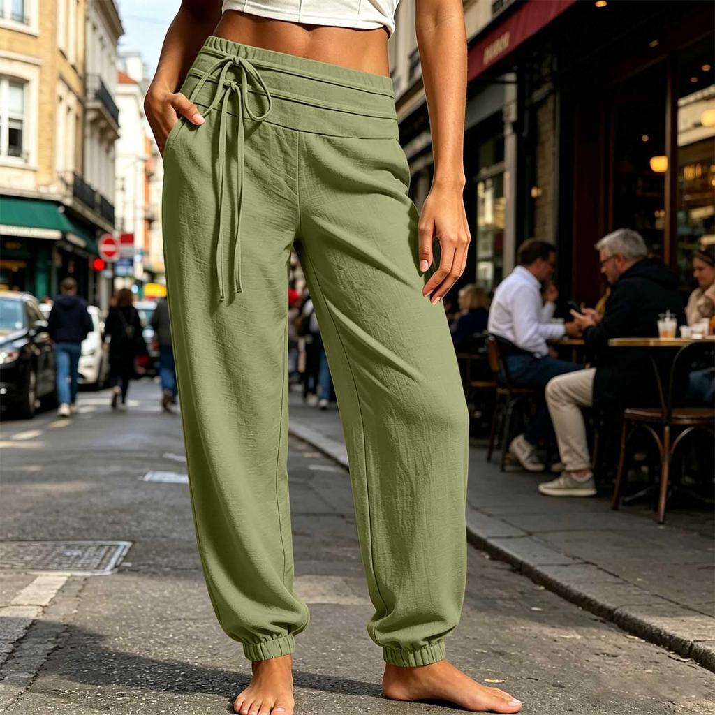 Women Casual Straight Leg Pants Elastic Waistband Drawstring Lightweight Comfortable Loose Fit Lounge Trousers