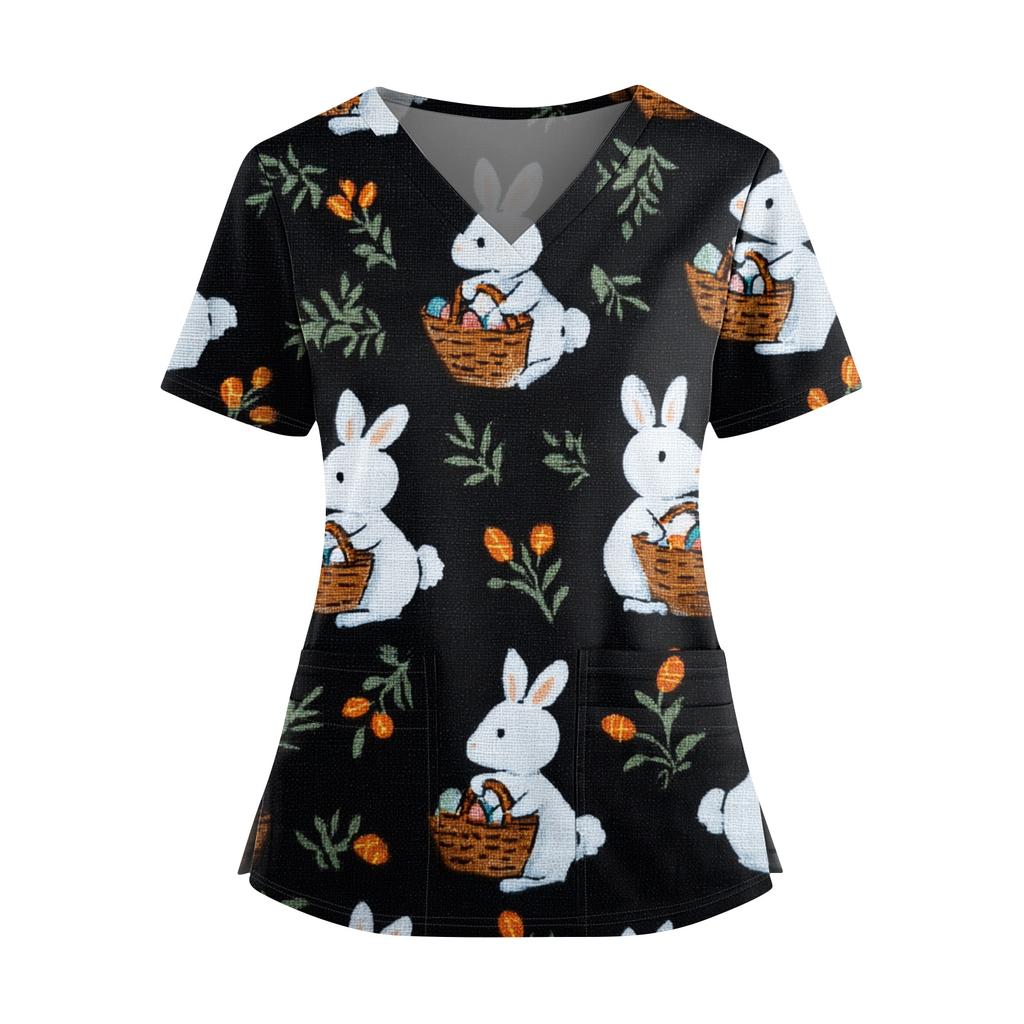 Women's Easter Print V-Neck Double Pocket Short Sleeve  Uniform Top With Slit Hem