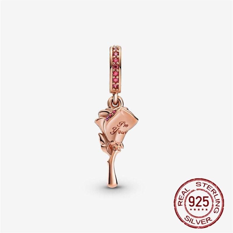  Sterling Color Sparkling Pink Rose Bouquet Pendant Charm Bead Wrist Bracelet Chic Style Stylish Diy JewelryFashion Pendant