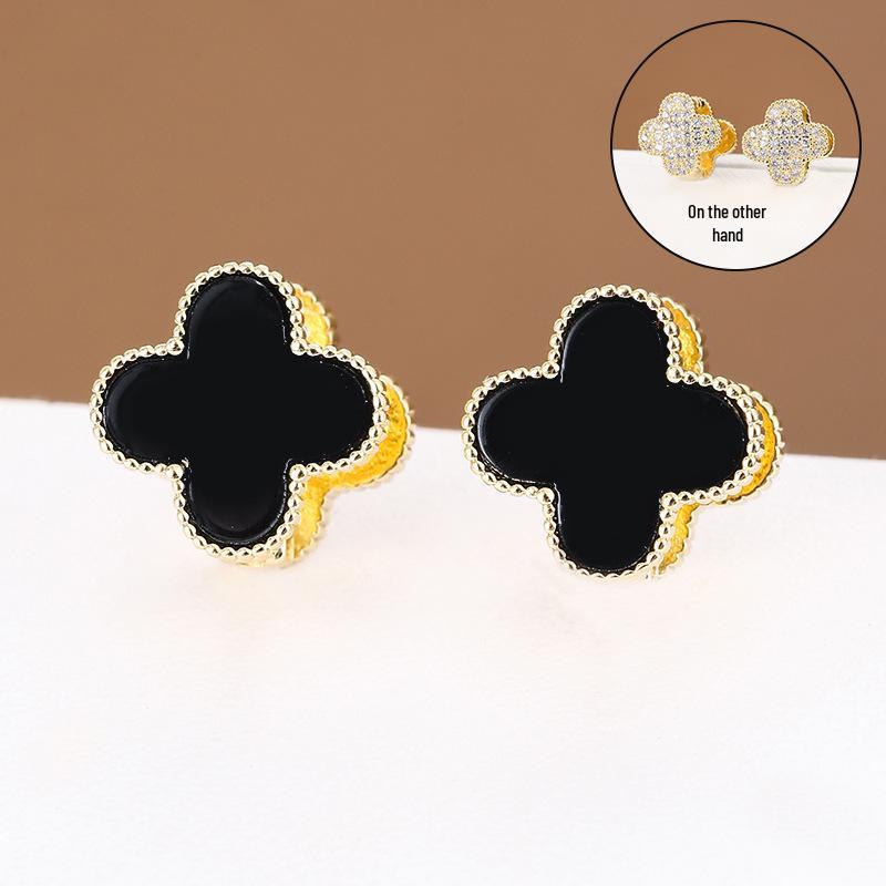 

Серьги-каффы Четырехлистный клевер с циркониевой микропаве чёрный/золотой