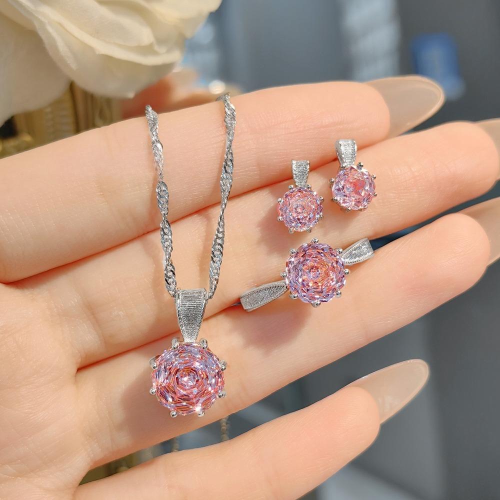 Rose Cut Iridescent Diamond Pendant Necklace Pink Diamond Earrings Paraiba Ring Color Gemstone Jewelry Set
