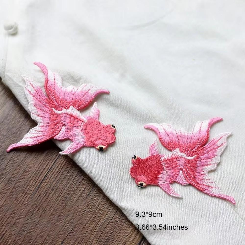 1 Pair 9.3*9cm Goldfish Patch Ink Embroidery Red Pink Clothing Patches Ethnic Style Sew on Applique Clothing Decoration
