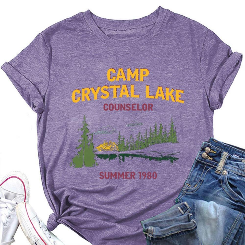 Summer New Women's Short Sleeved T-shirt Camp Crystal Lake Print Loose Round Neck Casual Top Paired with All Fashionable Clothing