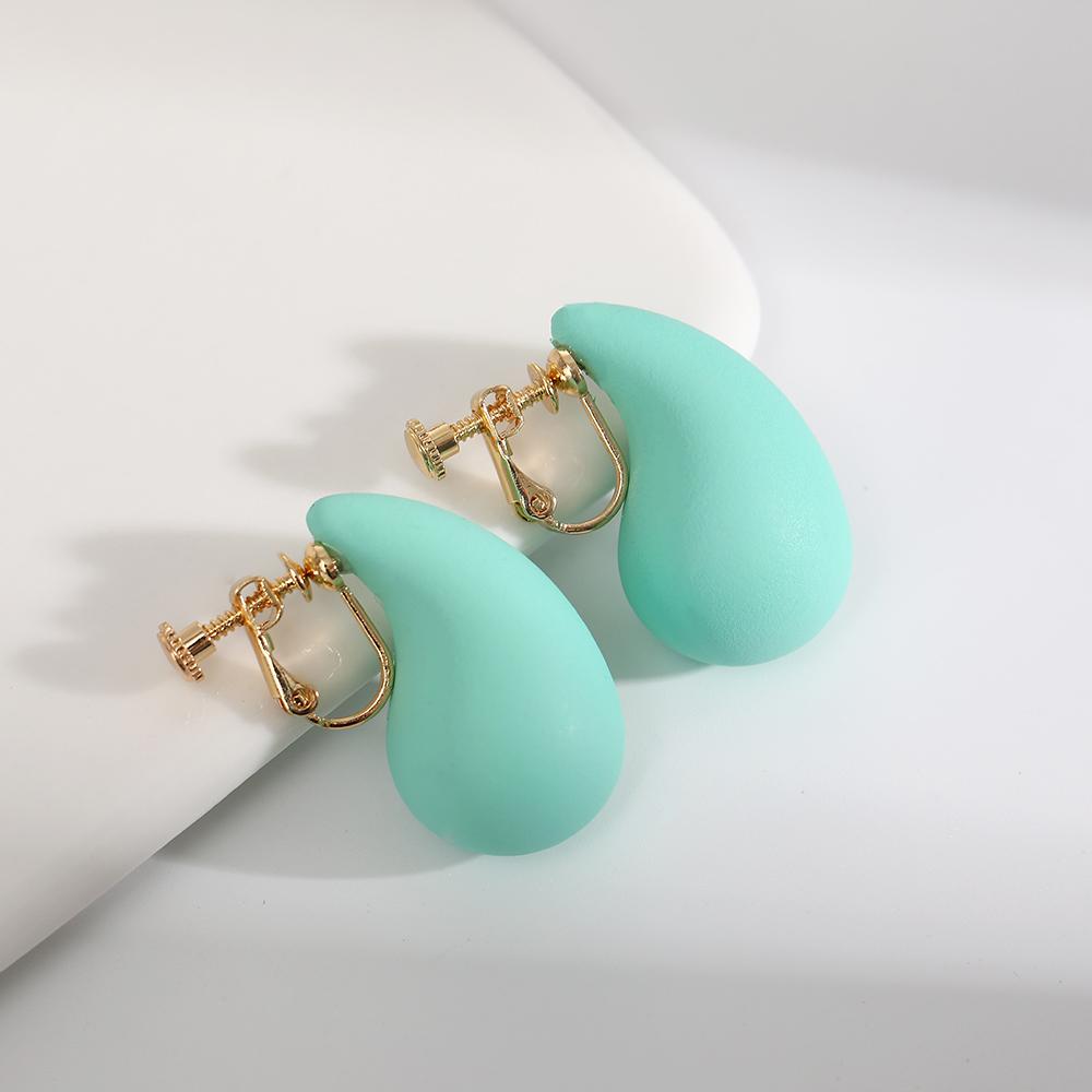 Vintage Chunky Dome Drop Clip On Earrings for Women Golden Glossy Colorful Teardrop Non Pierced Earrings Trendy Jewelry