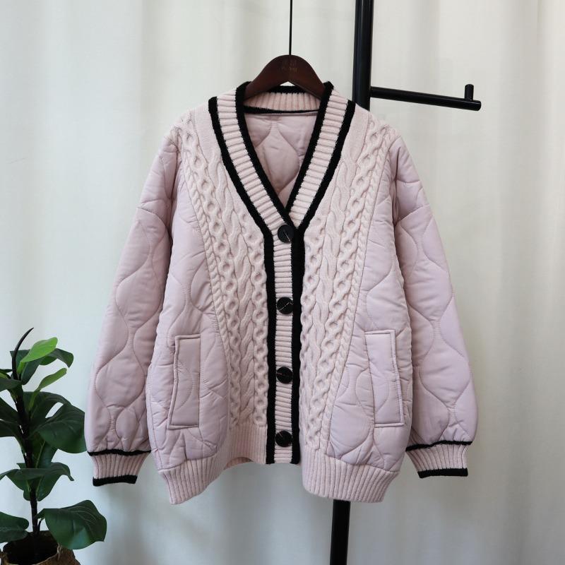 Autumn and Winter Loose Splicing Cotton Clothes Sweater Jacket Women's Lazy Wind Thickened Contrasting Color Knitted Cardigan Commuter Wind