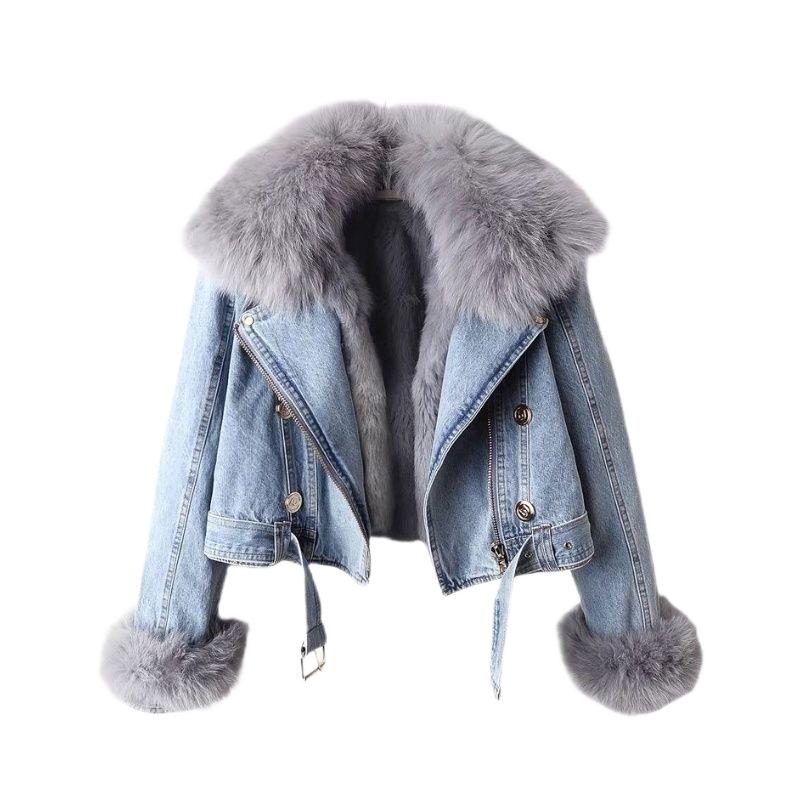 Women's Light Wash Denim Jacket with Fox Fur Collar and Belted Waist