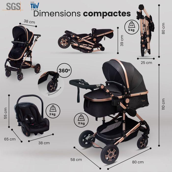 Poussette 3 en 1 set complet avec siège auto -- Poussette combinée - pneus pleins - Sac à langer. Noir