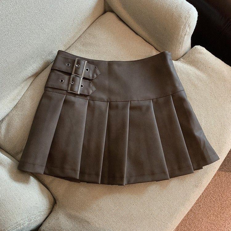 Women's Brown Leather A-Line Skirt: 2024 Autumn, High-Waist, Slim, Pleated, Fashionable PU Design