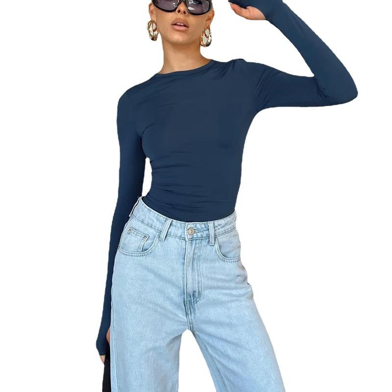 Women's Spring New Shirt Solid Color Crew Neck Bottom Shirt Slim Wear Hand Long Sleeve Top Women