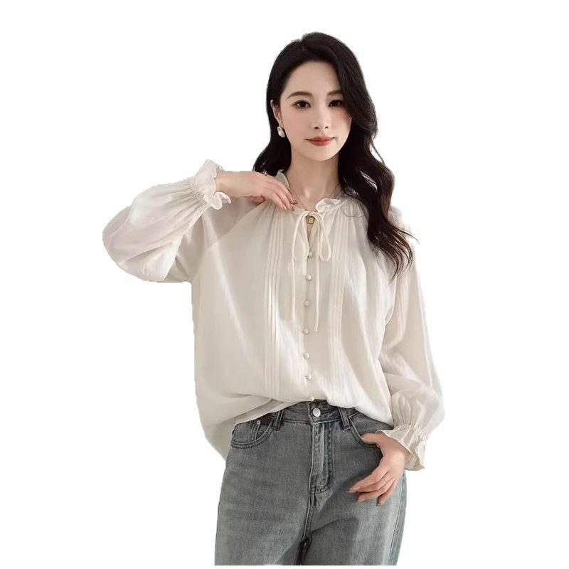 Women's Ruffle Tie-Up Blouse - Long Sleeve, 2025 Spring/Summer French Style