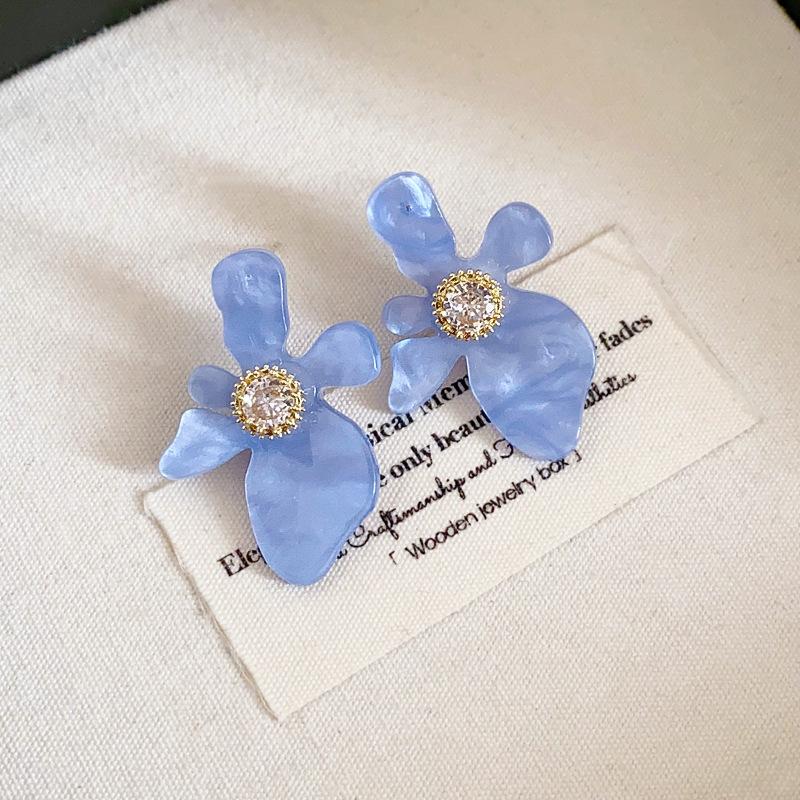 Blue Oil Drop Crystal Flower Round Earrings Stud Earrings Design Sense Niche