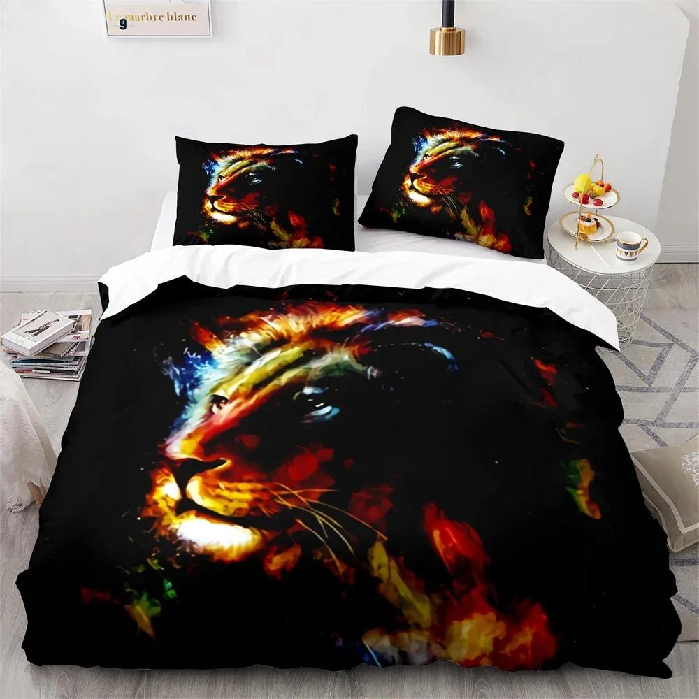 Lion Duvet Cover Set 3D Print Wild Animals Colourful King Queen Size for Kids Teens Adults Bedding Set Polyester Comforter Cover