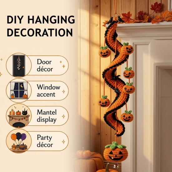 Decoração de Festival Interno Halloween Ornamento Pendurado Espiral de Crochê Kit DIY, Abóbora Fantasma Morcego Padrões Fáceis Gato Preto Artesanato Completo, Decoração de Feriado