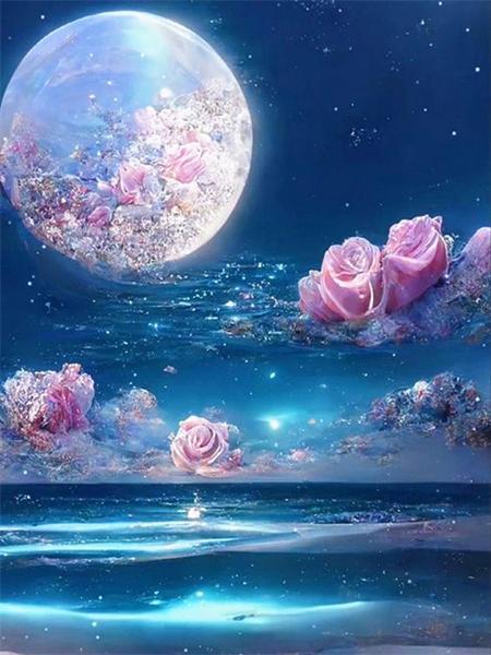 Full Square Round Diamond Painting Moon Landscape Mosaic Seaside Fantasy Embroidery Home Decor