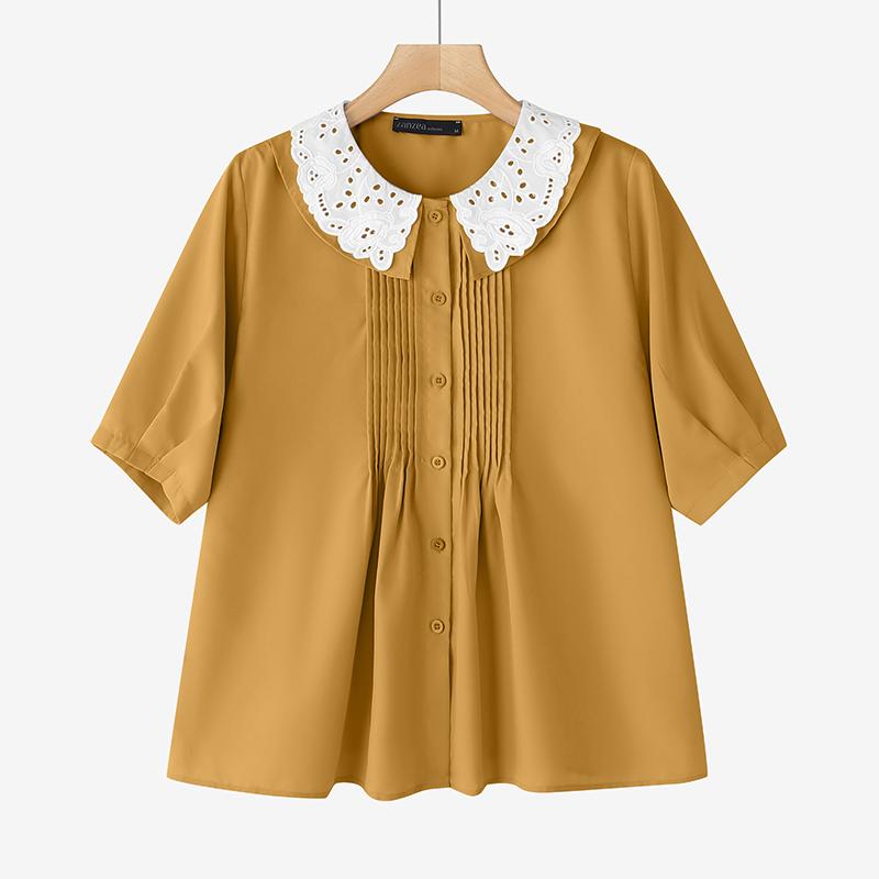 

ZANZEA Женская кружевная лоскутная круглая горловина Повседневная блузка с коротким рукавом XL