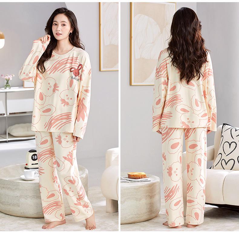 Women's 2025 Long-Sleeve Cartoon Pullover Pajamas with Chest Pad - Versatile Cotton Set for Indoor/Outdoor Wear (Autumn/Winter).