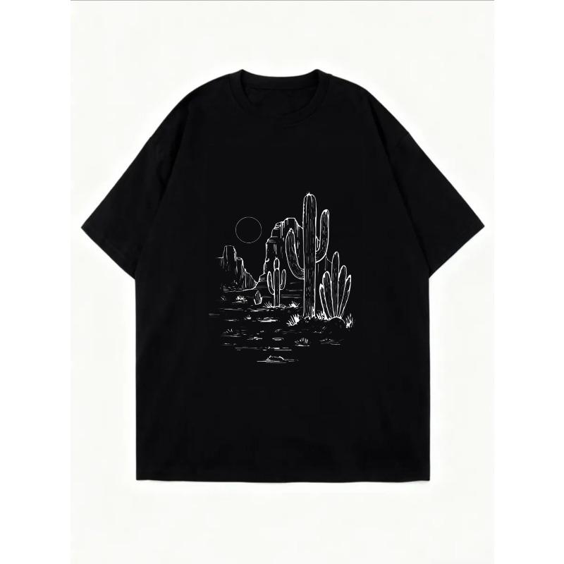 Weißes Oversized T-Shirt mit Kaktus- und Wüstenlandschafts-Print für Freizeitkleidung