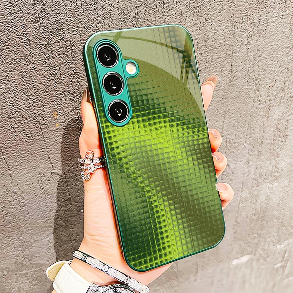 Grid-structured crystal Glass PhoneCase for Samsung Galaxy S26 S25 S24 S23 S22 S21 FE Ultra Plus Built-in glass green Exquisite