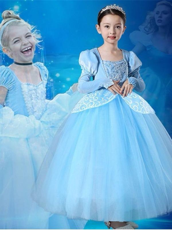 Girls Blue Snow White Dress Cosplay Costume Party Gown Princess Tutu Dress with Sleeves