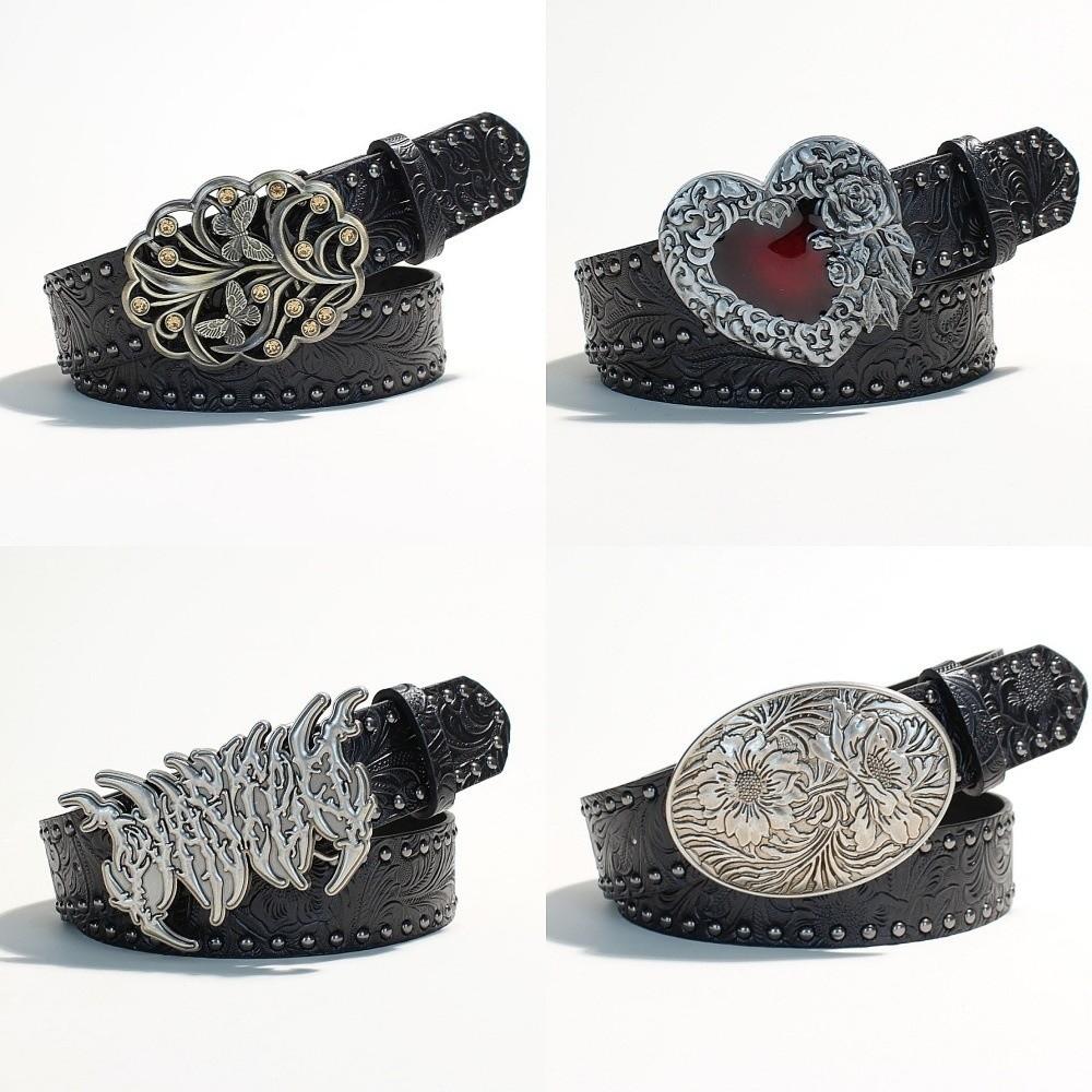 New Leather Heart-Shaped Belt Engraved Buckle Rivet Wide Waistband Belt Metal Rose Dress Waistband Gothic