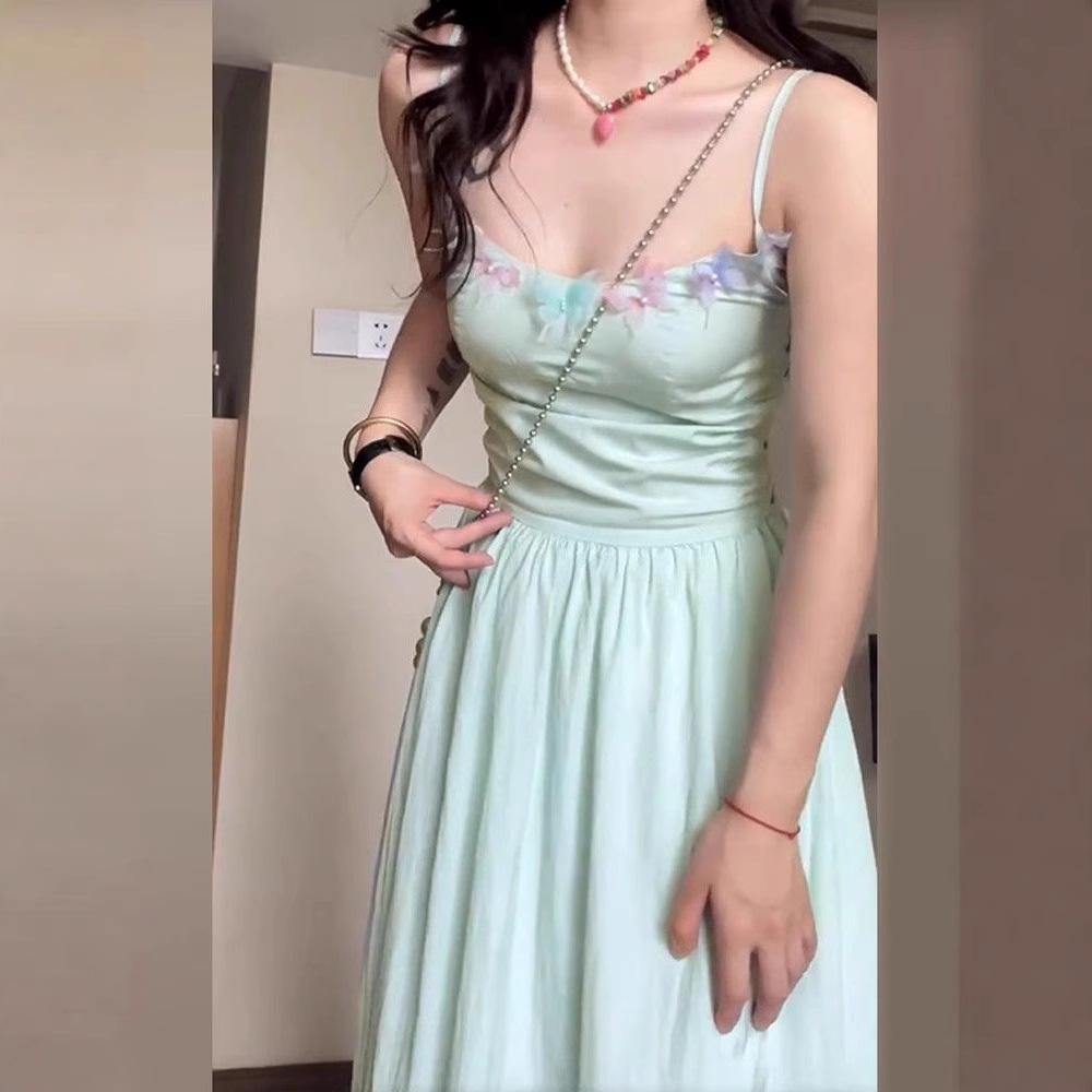 

Mint Mambo green backless dress for women s summer waist and thin temperament seaside vacation beach suspender dress S мятный зеленый