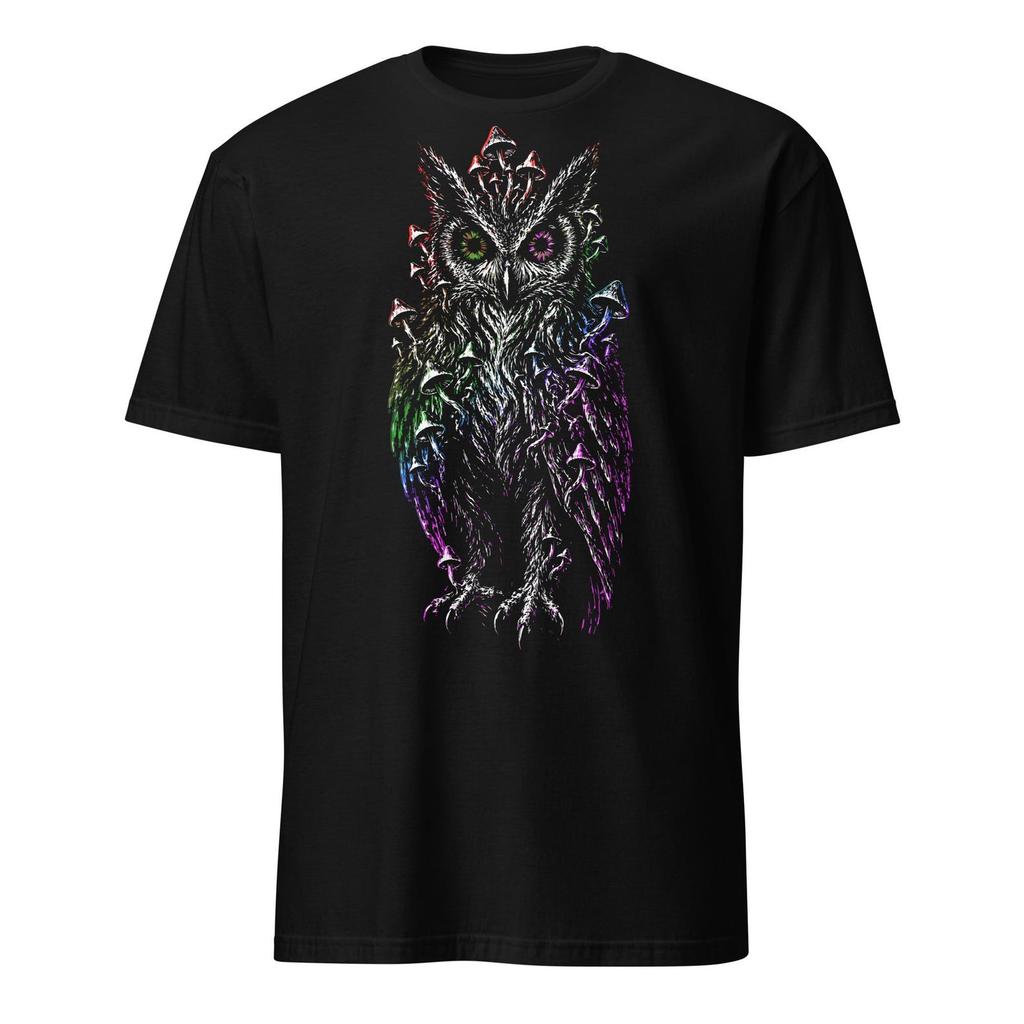 Trippy Mushroom Owl Shirt, Psychedelic Owl Graphic Tee, Glitch Fungi Bird Art, Mystical Forest Festival T-Shirt