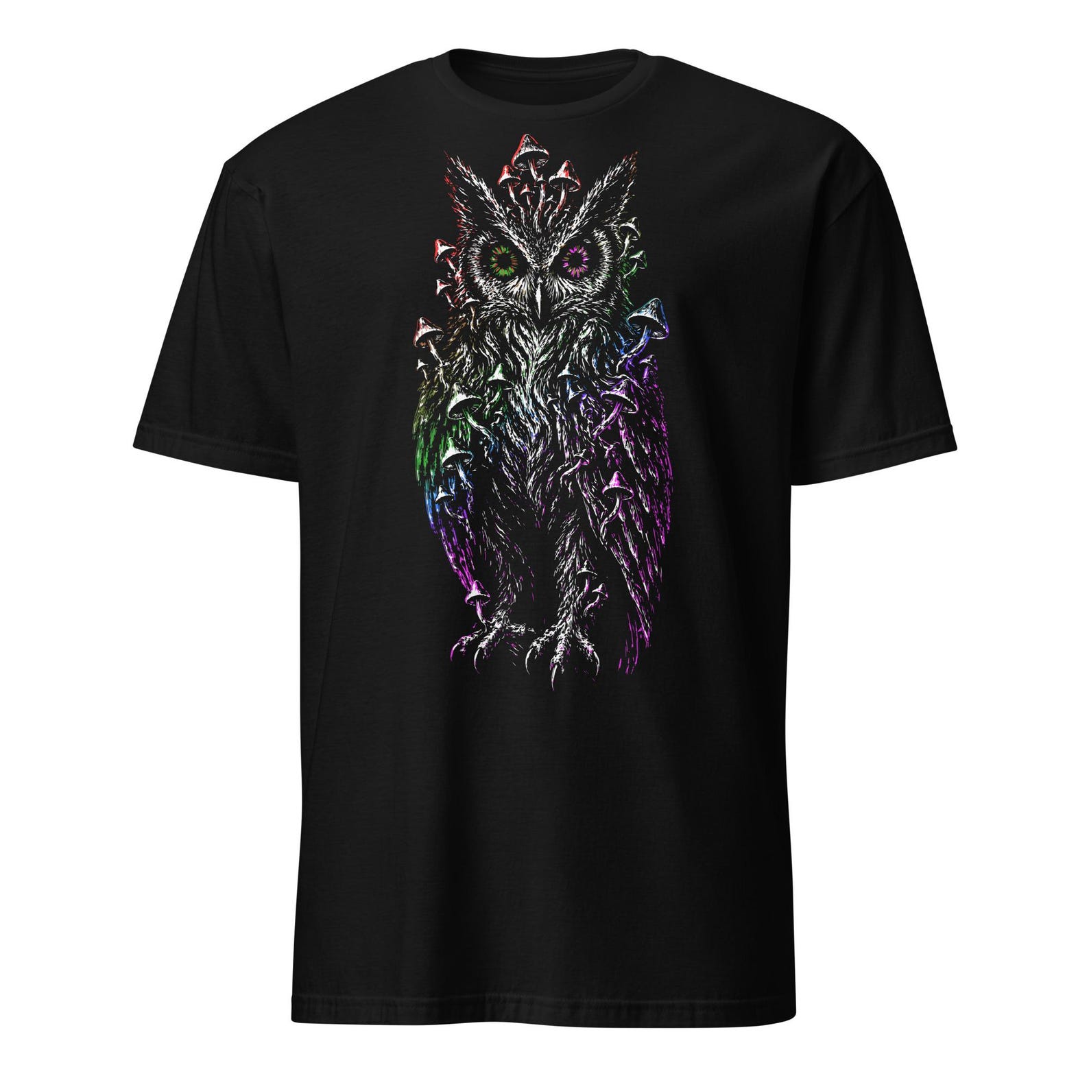 Trippy Mushroom Owl Shirt, Psychedelic Owl Graphic Tee, Glitch Fungi Bird Art, Mystical Forest Festival T-Shirt L