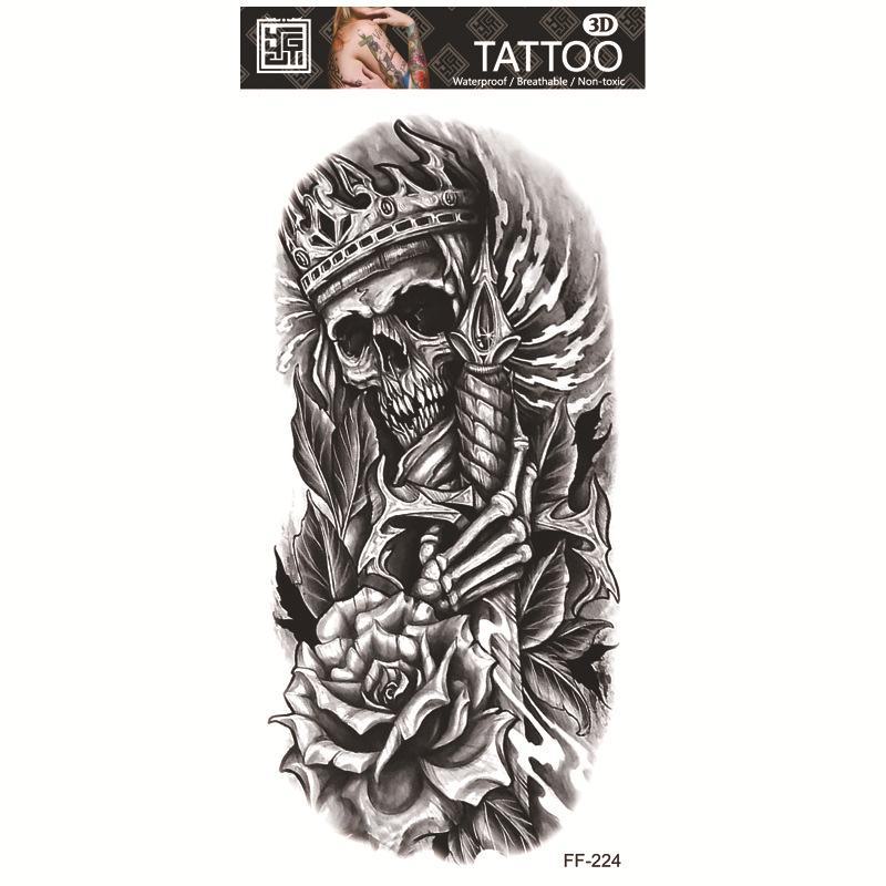 Vodotěsné tetovací samolepky: Totem vlčí hlavy a design s arabským textem.