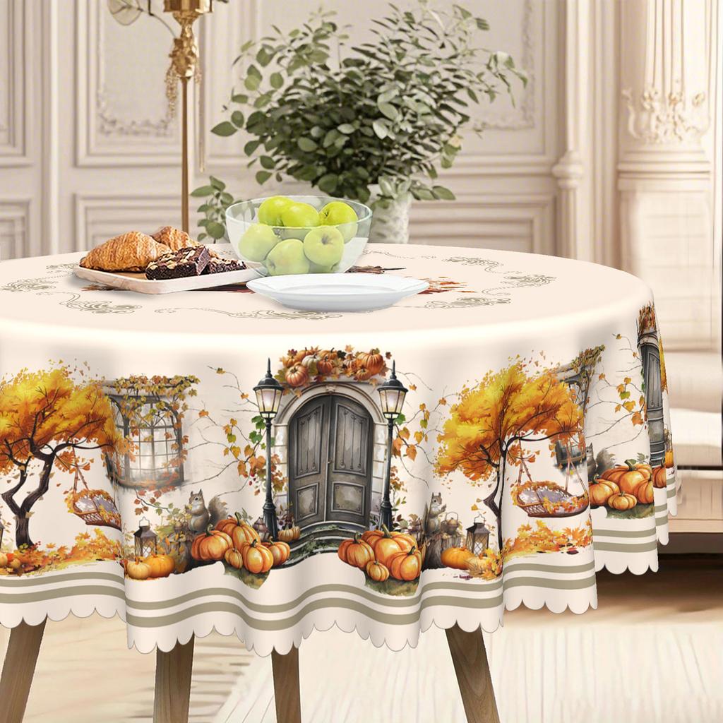 Mori Tablecloth, Autumn Squirrel Pumpkin Pastoral Print, Waterproof And Oil-Proof Round And Rectangular Tablecloth