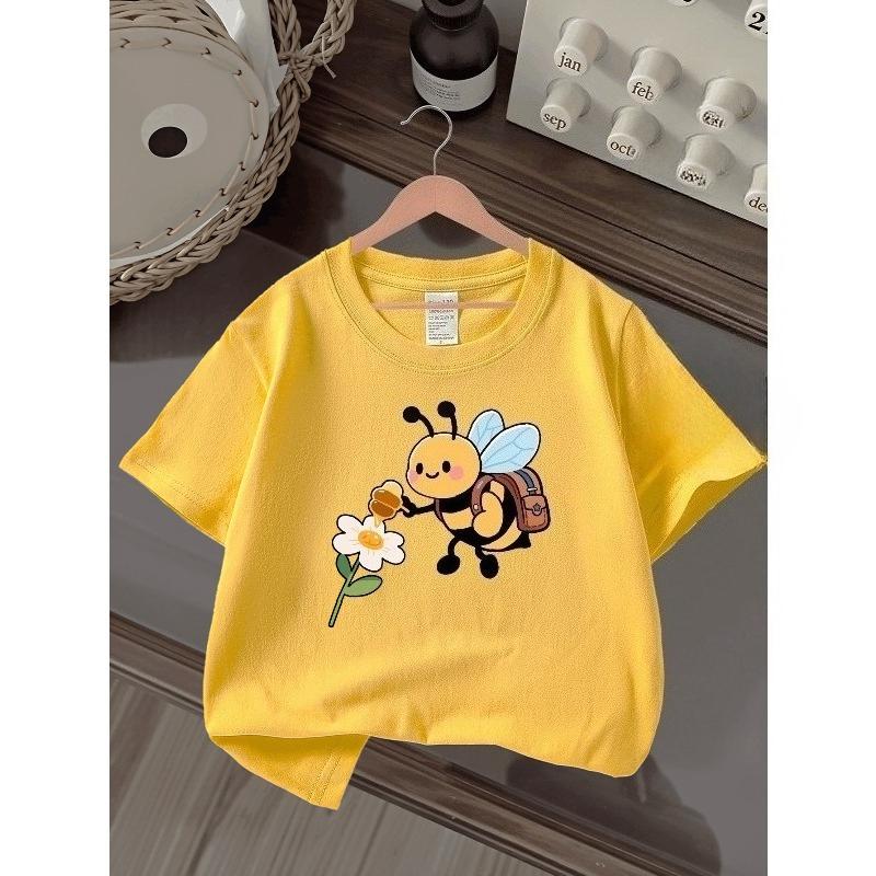 European Sizes Boys' T-shirt Cute Bee with Backpack And Flower, Ideal for Outdoor Activities, Soft Knitted Top, Comfortable And Breathable