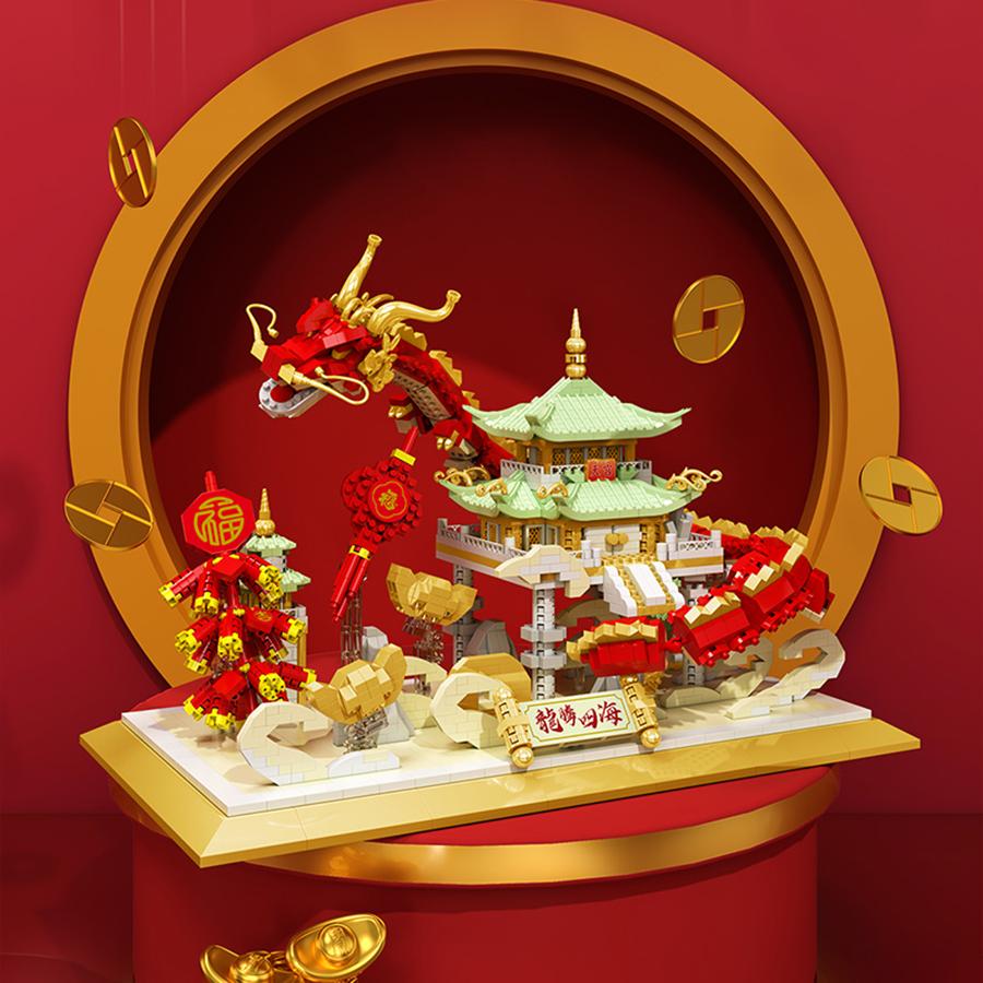 Non-Toxic Chinese New Year Style Lion Dance Dragon Micro Particle Building Blocks Desktop Decoration Model Toy New Year Gift