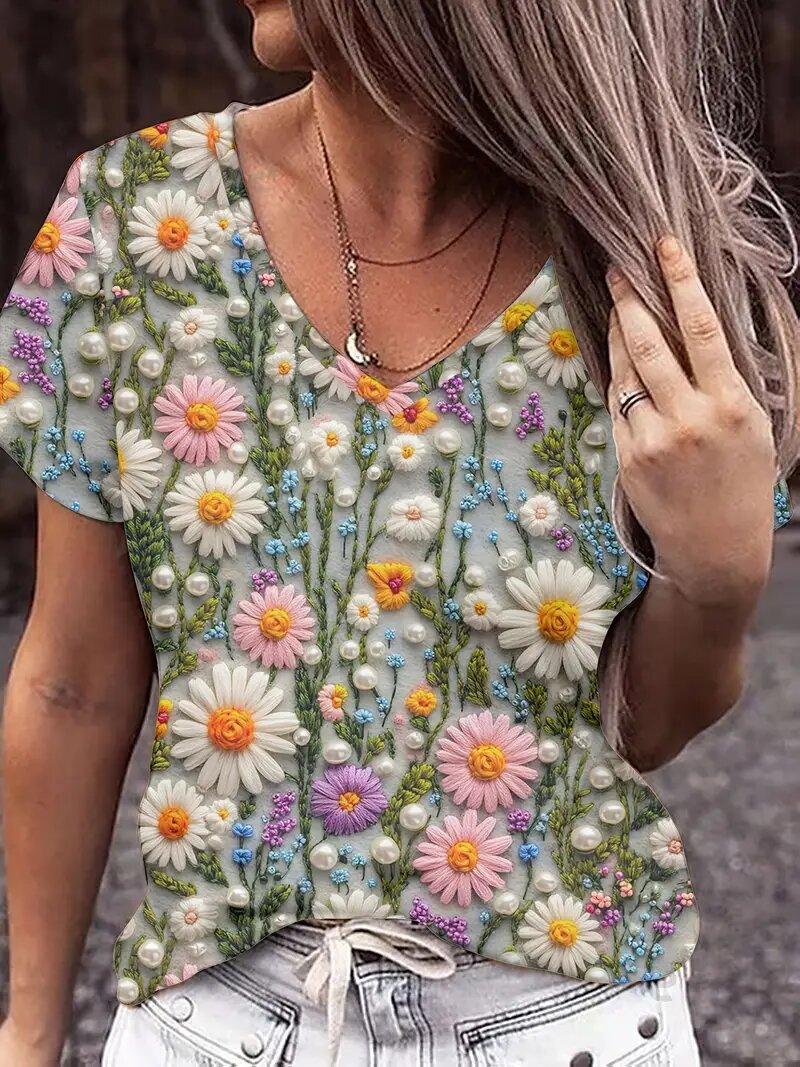 Summer Elegant Floral 3D Print T-shirt Women Streetwear Casual T Shirts Y2k Tops Woman Harajuku V-Neck Tees Oversized Clothing S