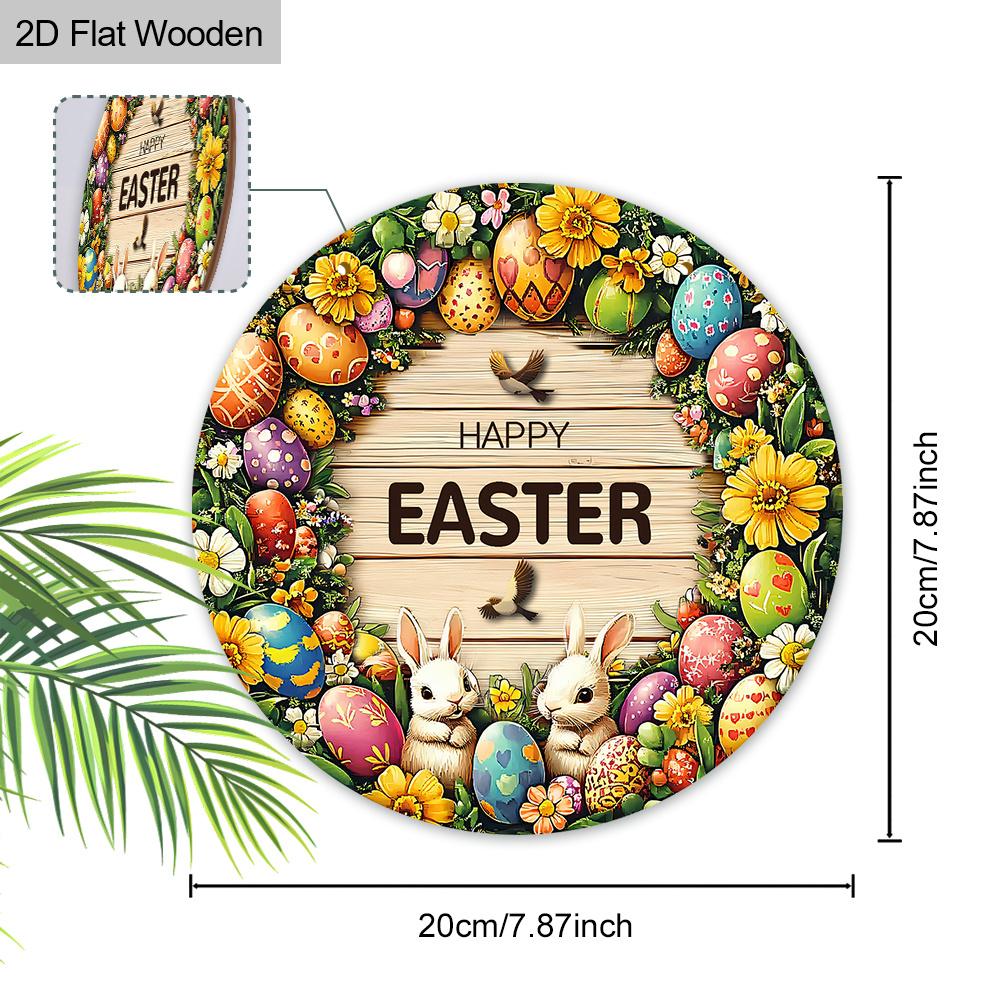 2D Flat 1pc Happy Easter “Egg Wreath” Sign Wooden Round Plaque, Spring Garden Courtyard Balcony Decor, Indoor/Outdoor Statue Wall Hanging Home Decor