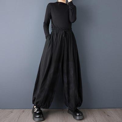 Plus Size Black Vintage High Waist Casual Loose Spring Autumn Wide Leg Pants Women Trousers