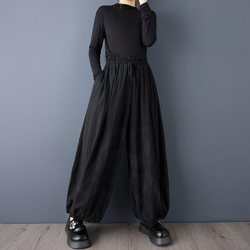 Plus Size Black Vintage High Waist Casual Loose Spring Autumn Wide Leg Pants Women Trousers
