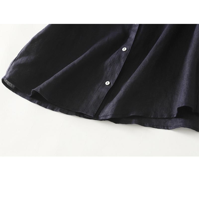 Women Casual Loose Short Sleeve Lapel Collar Cotton Linen Shirt Top