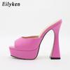 Fashion Eilyken Peep Toe Summer Platform Slippers Women Shoes Slides Fashion Square High Heels Gladiator Sandals Pumps