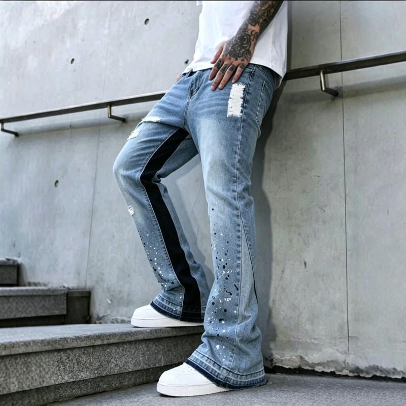 TK Fall American Vintage Textured Washed Blue Relaxed Flared Straight Jeans Teens