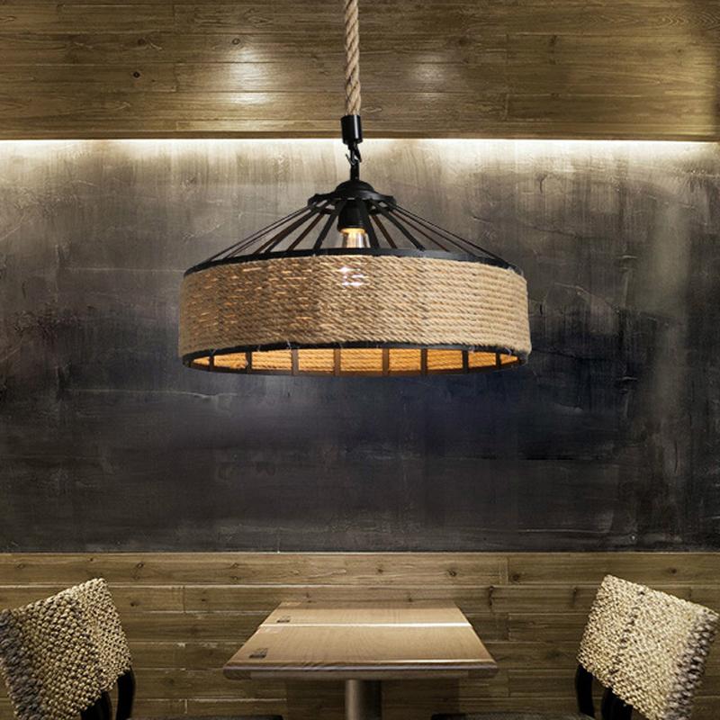 Retro Classical Hemp Rope Pendant Hanging Lamp Lustre for Ceiling Chandelier Classic Antique Industrial Iron Dining Room Light