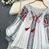 Retro Embroidered Shirt Top Female 2025 Spring Lace Up Tassel Loose Lantern Sleeves Ethnic Style Blouse Female