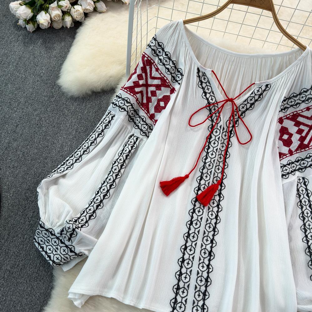 Retro Embroidered Shirt Top Female 2025 Spring Lace Up Tassel Loose Lantern Sleeves Ethnic Style Blouse Female