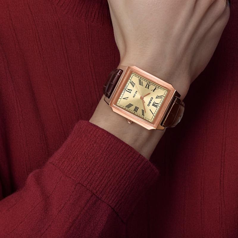 CASIO STANDARD series 50 meters waterproof three-hand classic design Quartz leather strap same style for men and women gold dial MTP-B190RGL-9BV