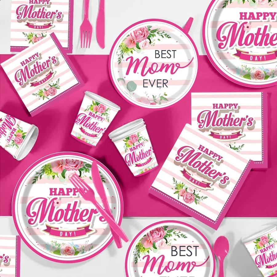 

С Днем Матери Принадлежности для вечеринки Набор посуды 25 наборов Цветочный цветы Одноразовая посуда Бумажные тарелки Салфетки Стаканы Розовый Пластик United States