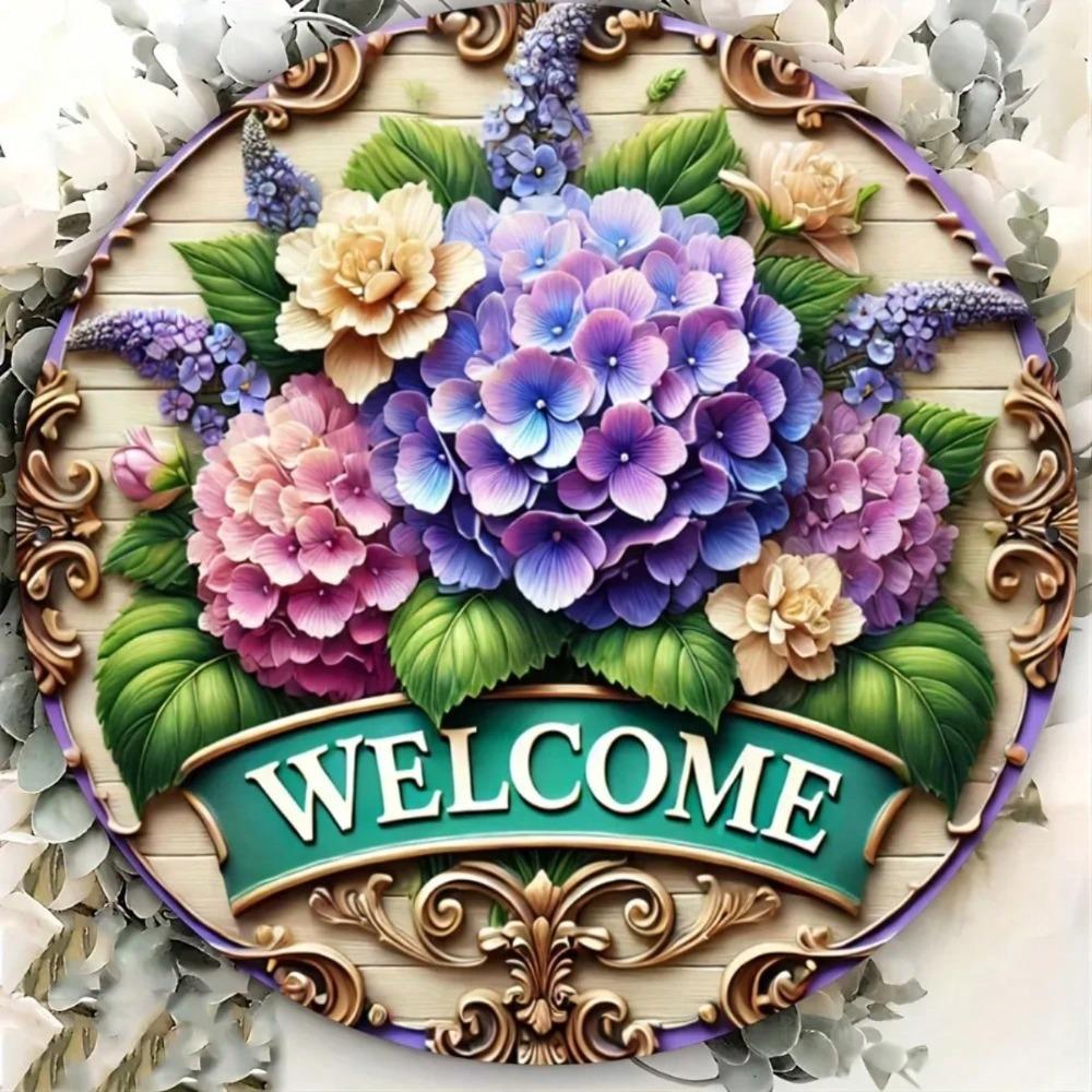 Vintage Hydrangea Metal Wall Art Farmhouse Decor Round Wreath Sign