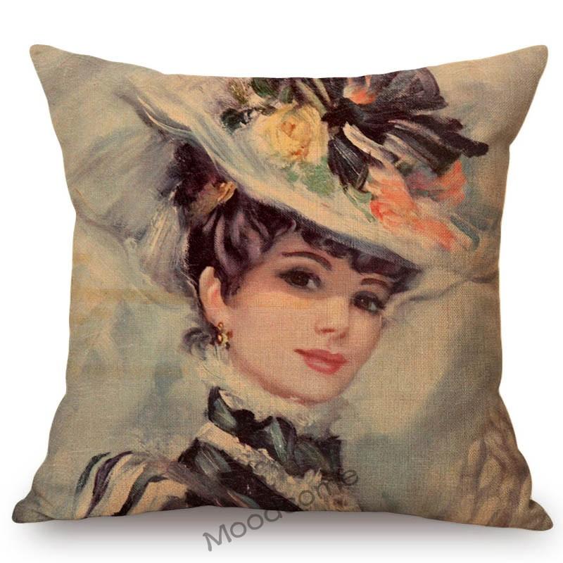 European Royal Court Victorian Era Lady Hat With Flower Elegant Sofa Throw Pillow Cover Classic Vintage Linen Decor Cushion Case