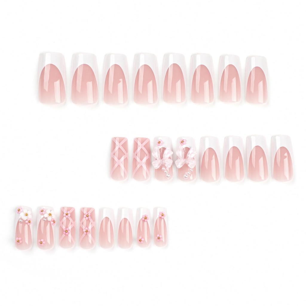 Medium Length Pink Press-On Nails with Bow and Flower Designs