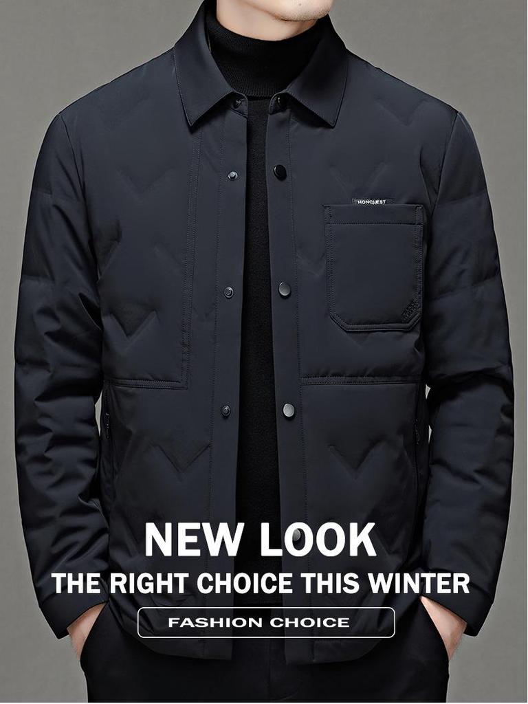 Men's White Shirt-Style Duck Down Jacket: Single-Breasted, Lapel, Warm, Business Casual Coat for Middle-Aged.