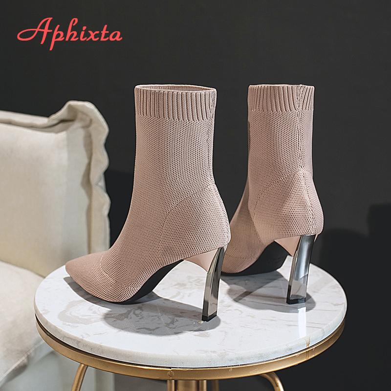 Fashion Aphixta Black Knitting Elastic Women Socks Boots Shoes Elegant Metal Thin High Heel Pointed Toe Ankle Boots for Women