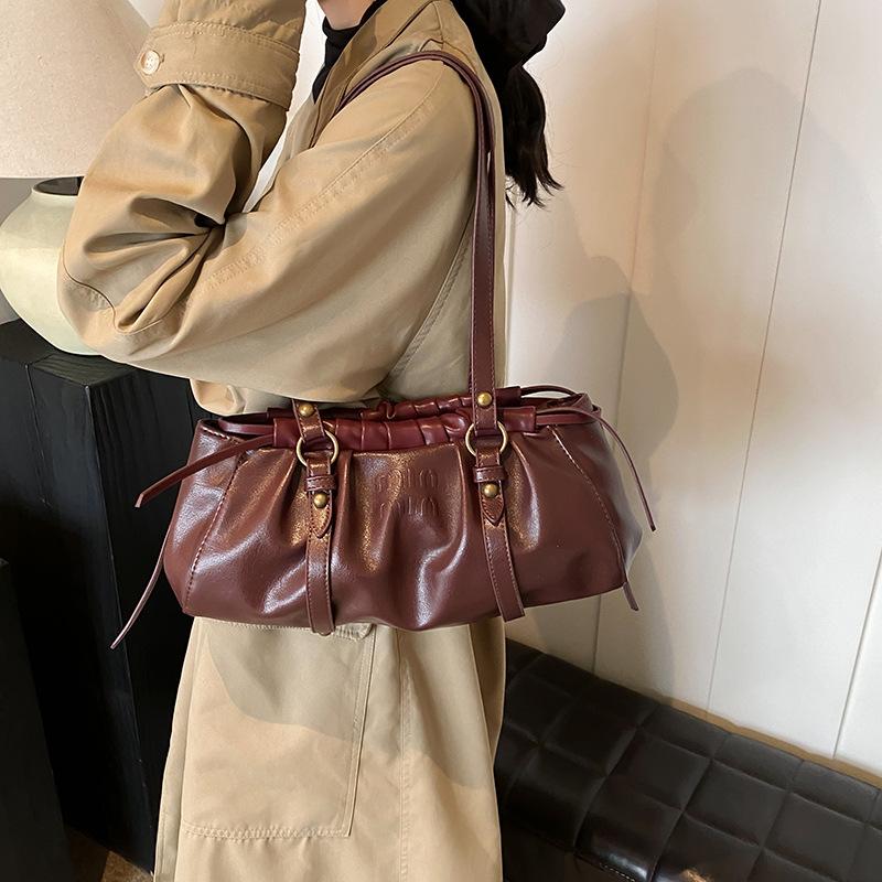 2025 new brown retro drawstring baguette bag single shoulder underarm portable casual pleated women's bag