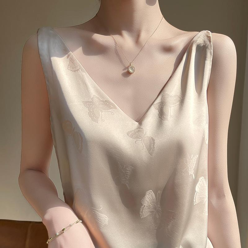 V-neck Suspender Vest for Women with Summer Suit Acetic Acid White Jacquard Base Satin Fashionable Versatile Suspender Strap